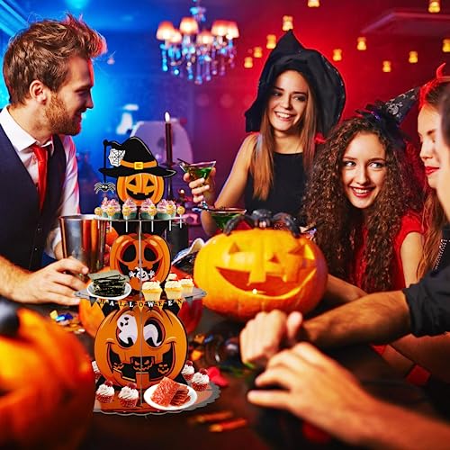 Halloween Cupcake Stand 3-Tier Pumpkin Cardboard Dessert Tower with Hole Design