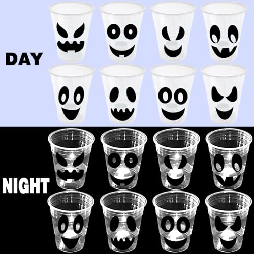 40 Pack Glow Halloween Ghost Cups - 16 oz Spooky Party Supplies with LED Lights & Stickers - Ghost Face Design for Kids & Adults - Variation of THIS listing