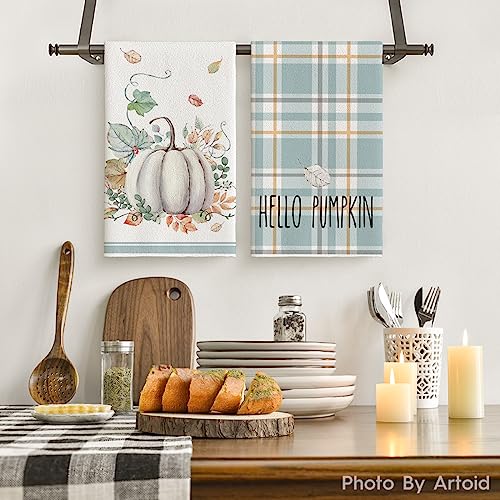 Blue Stripes Pumpkin Fall Kitchen Towels Set of 4 18x26 Inches - Artoid Mode