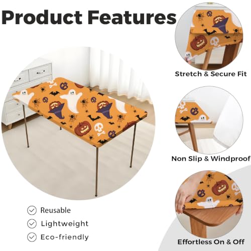 Halloween Fitted Tablecloth 36x72 Inch - Pumpkin Ghost Witch Hat Spider Bat Variation