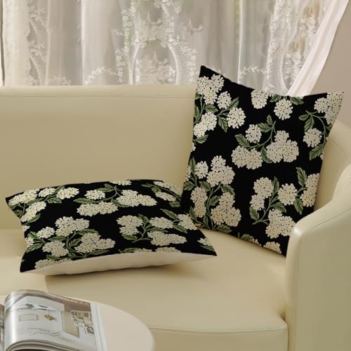 20x20 Inch Set of 2 Black Pillow Covers with Hydrangea Floral Pattern - Outdoor Linen Cushion Cases