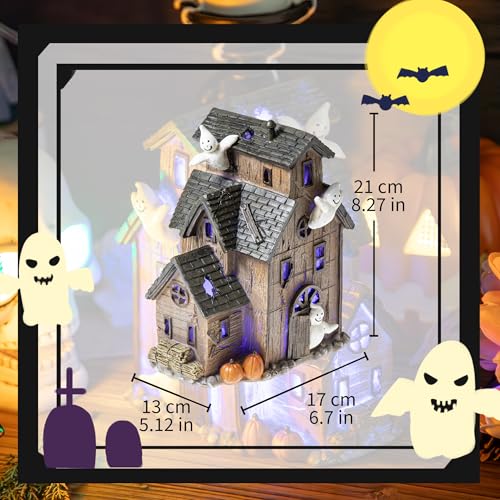 Halloween Haunted House Decor with LED Lights - Resin Spooky Village Figurine