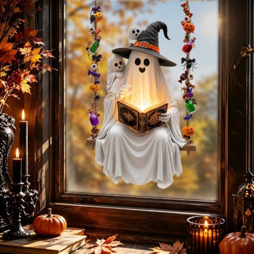Halloween Ghost Window Clings - Spooky Reading Book Swing Design for Holiday Decoration - Variation 1280
