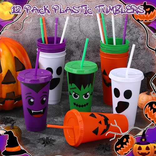 Halloween Plastic Cups with Lids & Straws - 24 oz, Purple & Orange, 12 Pack