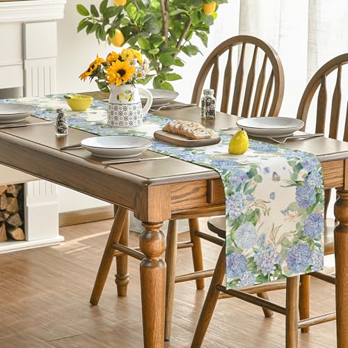 Hydrangea Wildflowers Table Runner 13x48 Inch - Blue Summer Decor