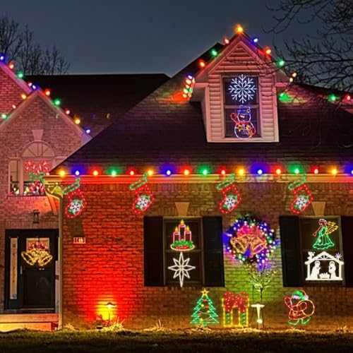 16-Inch Christmas Window Silhouette Lights Decorations with Snowman & Stocking & Bell & Snowflake - Outdoor Indoor Holiday Lights