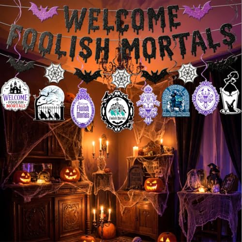 Halloween Haunted Party Decorations Banner & Swirls Set - Black Glitter Welcome Mortals