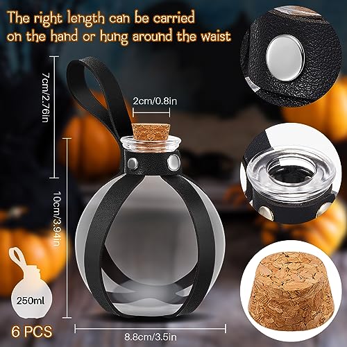Black 6-Pack Halloween Glass Potion Bottles with Cork and Leather Belts