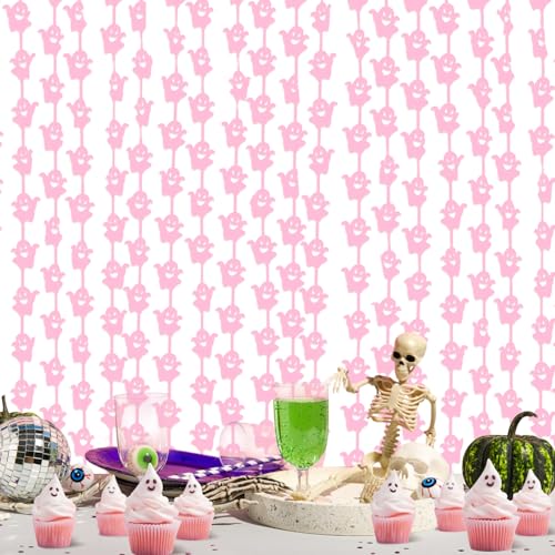 WovWeave 2 Pack Halloween Foil Fringe Curtains - Pink Ghost, 3.3x6.6 ft