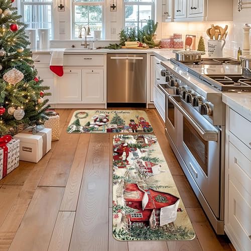 Christmas Kitchen Rugs Set 2 Pcs Non Slip Washable Holiday Home Decor