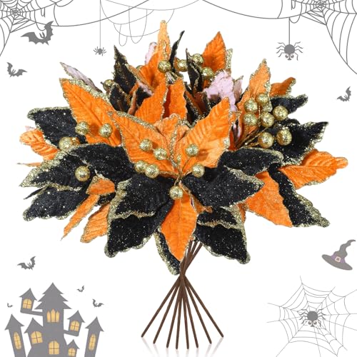 Halloween Black Orange Poinsettia Flowers - Velvet 8-Inch, Set of 8 - Variation of THIS listing