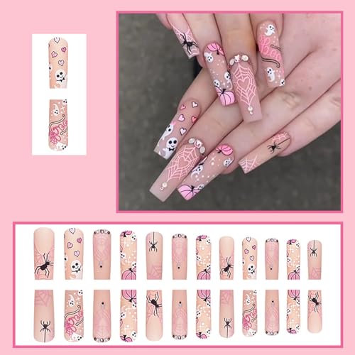 Halloween Press On Nails Long Square Pumpkin Spider Web Rhinestones Ghost - Halloween1