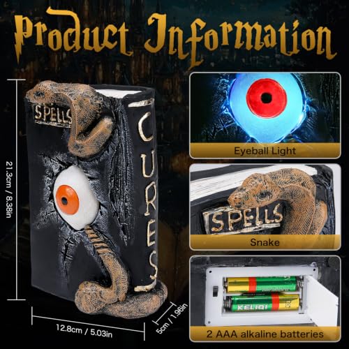 Halloween Spellbook Statue with LED Eyeball and Snake Variation - Spooky Resin Table Decor