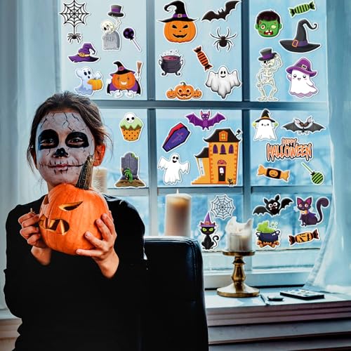 Pumpkin Halloween Gel Window Clings - 53 PC Spooky & Cute Decorations