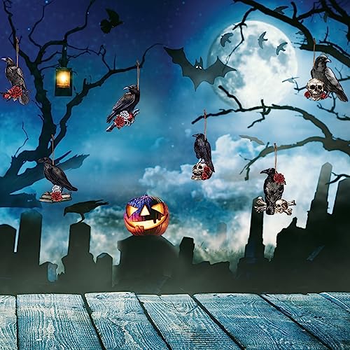 Halloween Crow Wooden Hanging Ornaments - Spooky Gothic Decor Set of 24 - Black & White