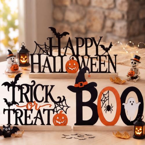 Halloween Metal Sign Set - Happy Halloween Boo Trick or Treat with Wooden Bases - 3 Pieces - Halloween Variation