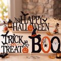 Halloween Metal Sign Set - Happy Halloween Boo Trick or Treat with Wooden Bases - 3 Pieces - Halloween Variation