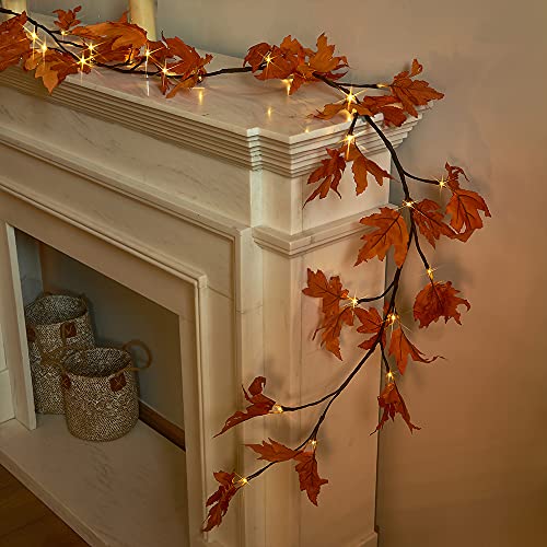 Lighted Maple Leaf Garland with Timer - 6FT Fall Indoor Outdoor Decor - Orange