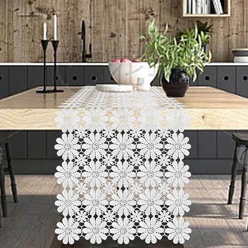 15.8x108 Inch White Crochet Lace Table Runner - Boho Dresser Scarf - Modern Style