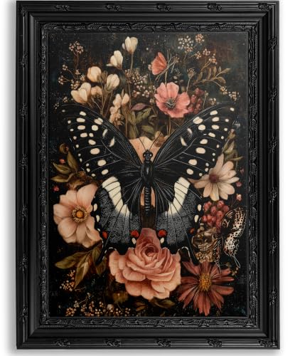 Black Gothic Butterfly Canvas Wall Art - Framed 16x12 Inches - Dark Decor