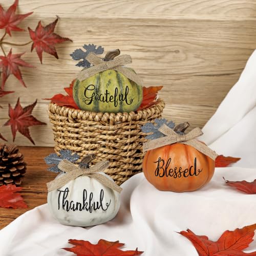 Fall Pumpkin Decor Set - 3 Mini Resin Pumpkins with 'Grateful', 'Thankful', 'Blessed' - Style 7