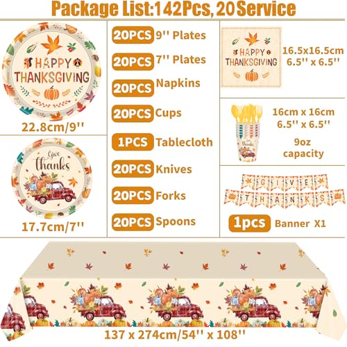 Thanksgiving Party Supplies 142pcs Fall Plates Napkins Cups Flatware Tableware Set - Happy Fall Maple Leaves & Banner, Autumn Decorations