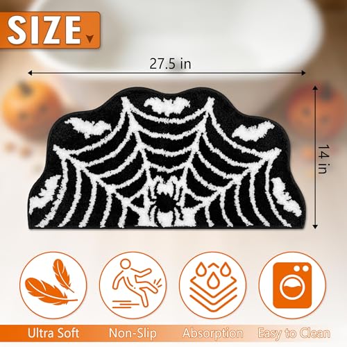 Halloween Spider Web Bath Mat - Gothic Bathroom Rug with Non-Slip Back - Spider Bath Variation