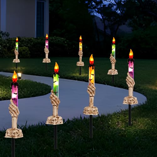 Halloween Skeleton Hand Lighted Candle Set - Purple, Orange, Green | 10 Pack Battery Operated Pathway Decor