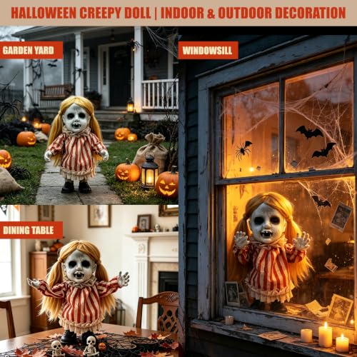 Sound Activated Halloween Girl Doll Animatronic - 13 Inch Spooky Moving Decor