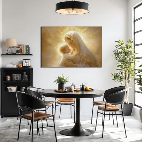 Virgin Mary Canvas Wall Art - Mother Mary Holding Baby Jesus in Gold - 18x12 Inches