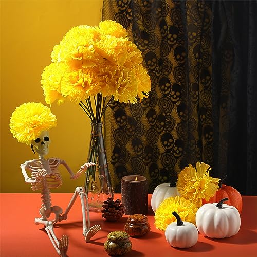 Artificial Marigold Flowers with Stems - 100 Pack Yellow DIY Festive Decorations