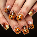 Halloween Press-On Nails Short Square with 3D Pumpkin Spider Web Glitter Rhinestone Designs, Orange & Black, 24Pcs