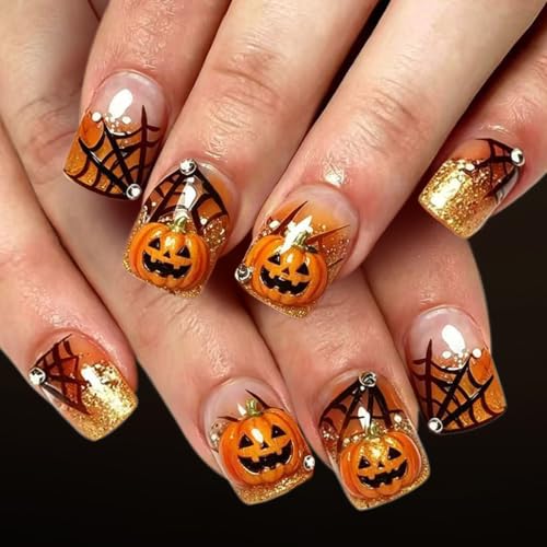Halloween Press-On Nails Short Square with 3D Pumpkin Spider Web Glitter Rhinestone Designs, Orange & Black, 24Pcs