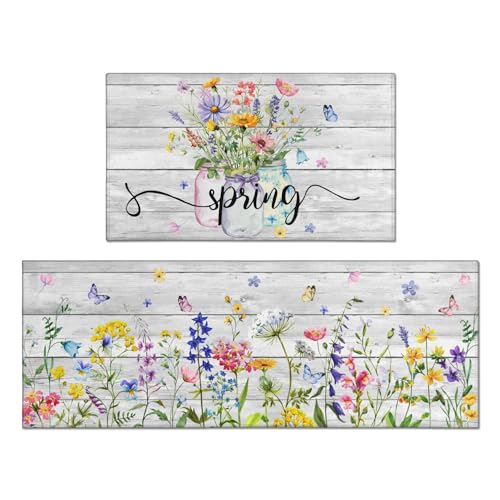 Spring Kitchen Rug Set of 2 Non-Slip Washable Floral & Wood Grain Mats - Spring