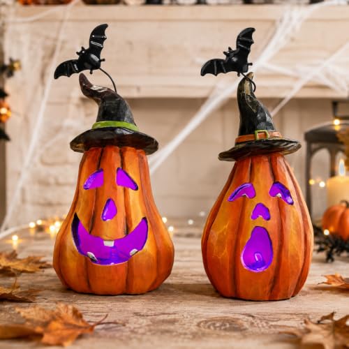 Hodao Halloween Pumpkin Figurines - Orange Jack-o'-Lantern Decor Set with Light-Up Faces