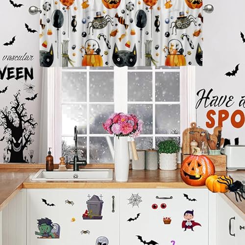 Violet Halloween Window Valance 54x18 Inches Horror Theme Pumpkin Bat Spider Skeleton Polyester Semi Sheer Drapery