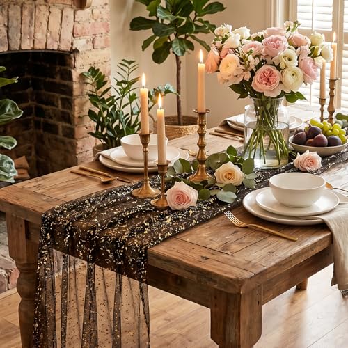 Black Gold Galaxy Star Tablecloth - 120 x 28 Inch, Sorcristy