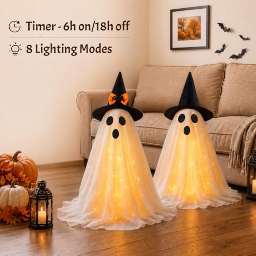 Lighted Ghost Halloween Decorations Set - 2 Pre-Assembled Spooky & Cute Ghosts with LED Lights