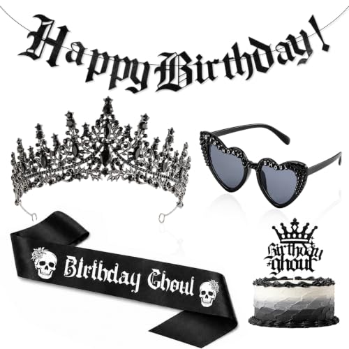 Gothic Birthday Decorations Set - Crown, Sash, Sunglasses, Banner & Cake Topper