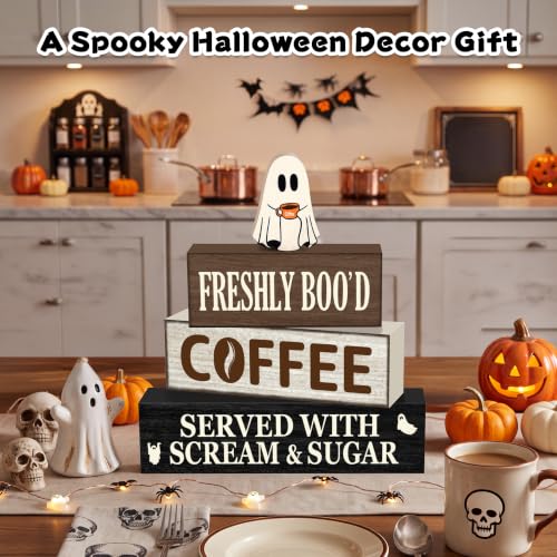 Halloween Ghost Coffee Farmhouse Decor Set - Oat Variation, Wooden Tabletop Decorations