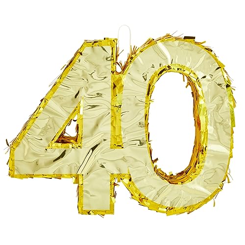 Gold Foil Number 40 Pinata for Birthday Party Decorations - Easy Fill, Hanging or Centerpiece - 16.5 x 3 x 13 in