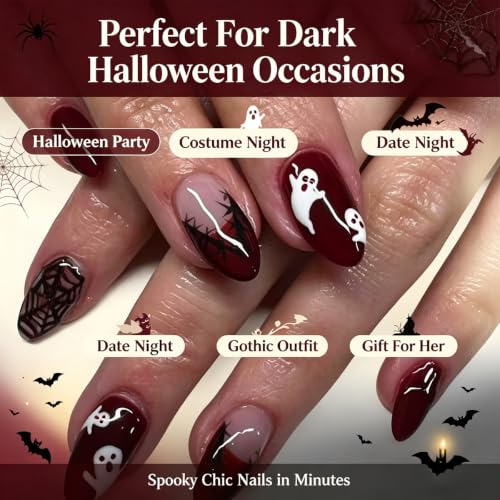 Halloween Press On Nails Medium Almond Burgundy Gradient Ghost Spider Web 30- - MJJNTTN