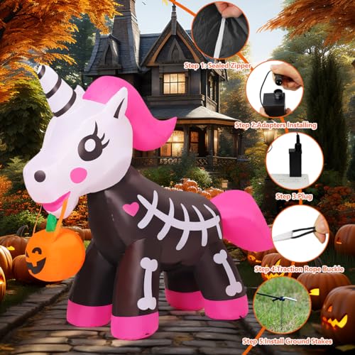 5FT Halloween Inflatable Skeleton Unicorn with LED Lights Outdoor Yard Decor
