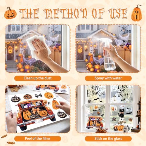 Halloween Window Clings Set - Reusable Spooky Ghost Pumpkins Black Cat Decorations