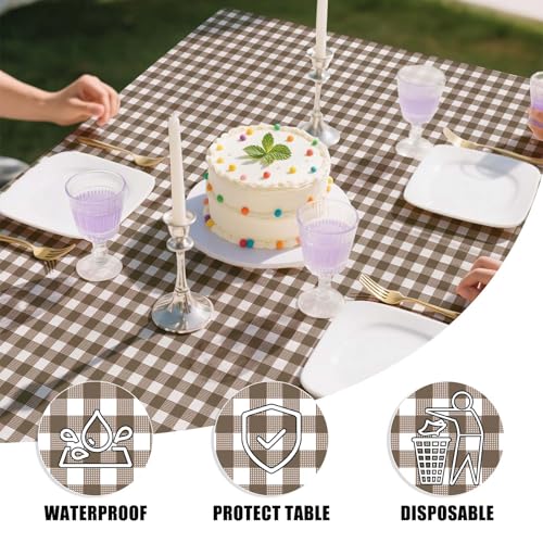 4 Pack Disposable Gingham Tablecloths - Brown & White Checkered 54x108 Inches for Parties