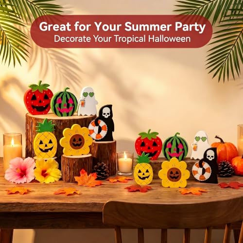 12PCS Wooden Halloween & Summerween Tabletop Decorations Set - Durable Eco-Friendly Holiday Decor
