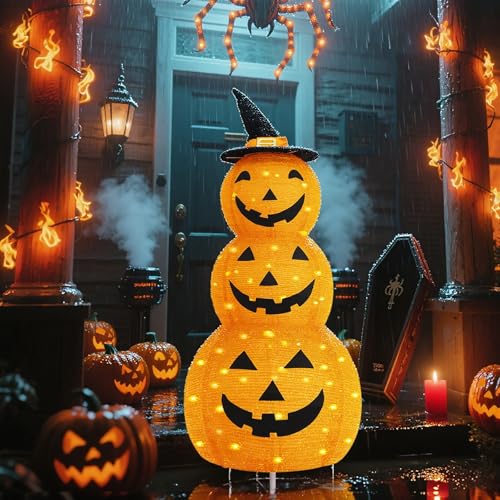 5Ft Collapsible Halloween Pumpkin Decorations with 100 LED & 8 Modes - Battery Operated, Indoor Outdoor Yard Party Fall