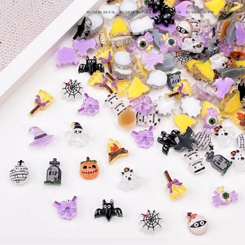 Halloween Nail Art Charms Set - 100pcs 3D Pumpkin, Ghost, Broom & Web Shapes - Variation Halloween-5