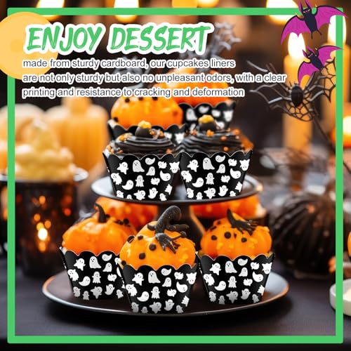 Halloween Ghost Cupcake Wrappers - 100 Pack, White Black, Party Baking Liners