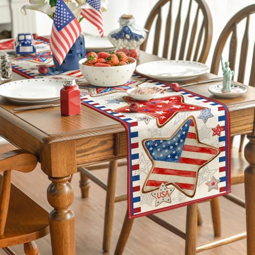Patriotic 4th of July Stars American Flag Table Runner 13x60 Inch Beige